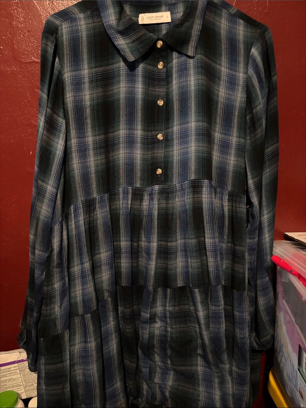 Lucky Brand Blue and Green Plaid Tiered Button-Front Dress